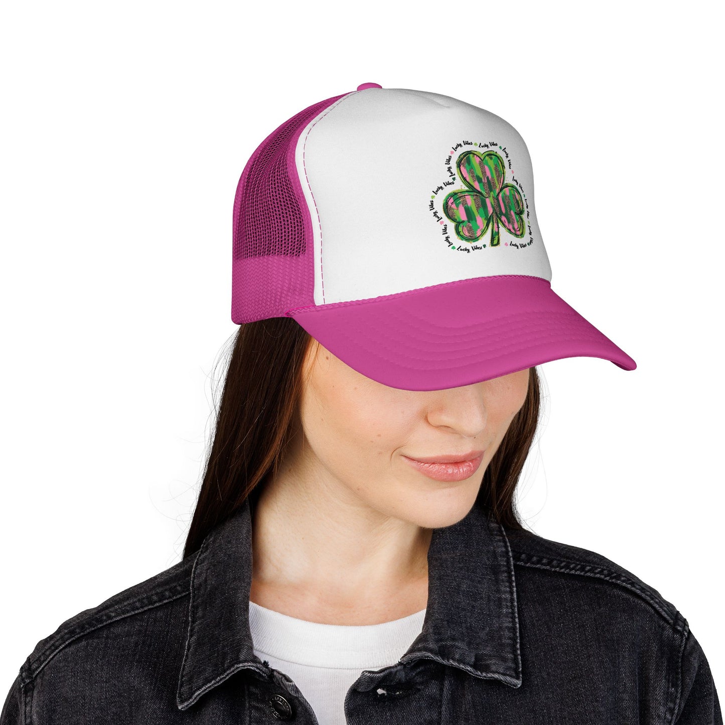 St. Patrick's Shamrock Trucker Cap — Green Watercolor Clover Mesh Hat