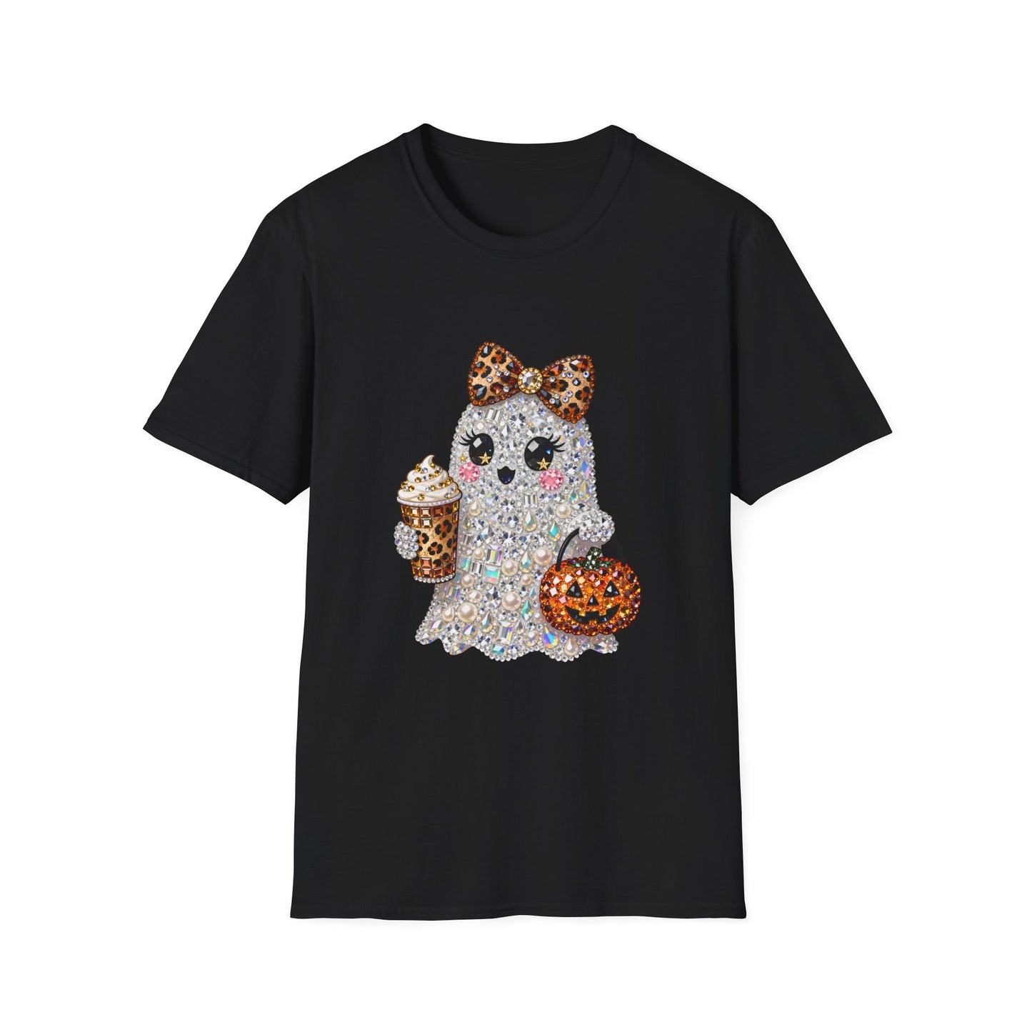 Cute Glitter Ghost T‑Shirt — Halloween Trick‑Or‑Treat Graphic Tee (Leopard Bow & Pumpkin)