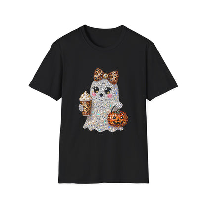 Cute Glitter Ghost T‑Shirt — Halloween Trick‑Or‑Treat Graphic Tee (Leopard Bow & Pumpkin)