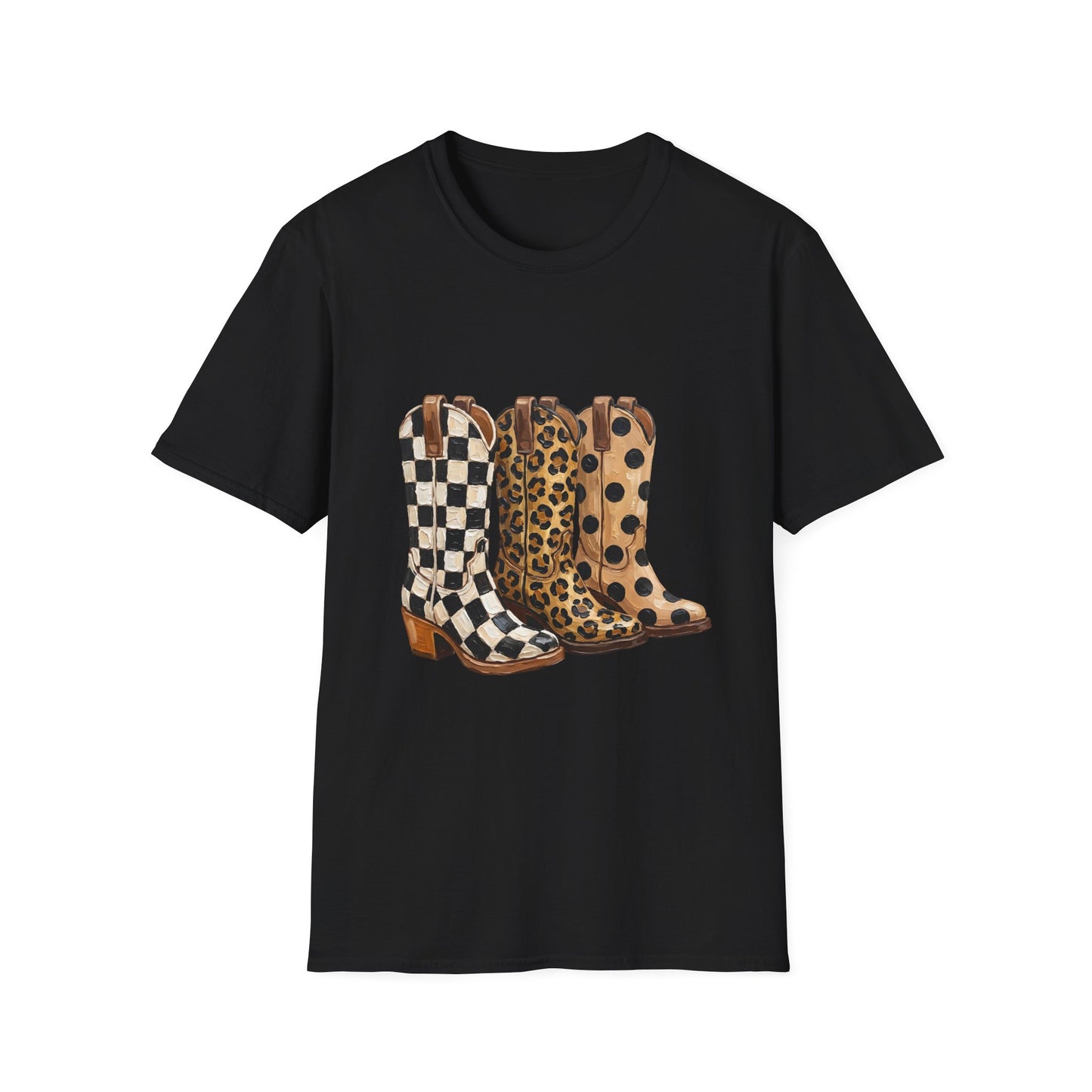 Cowgirl Boots Graphic T‑Shirt — Checker, Leopard & Polka Dot Western Boot Trio