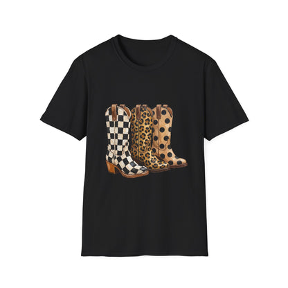 Cowgirl Boots Graphic T‑Shirt — Checker, Leopard & Polka Dot Western Boot Trio