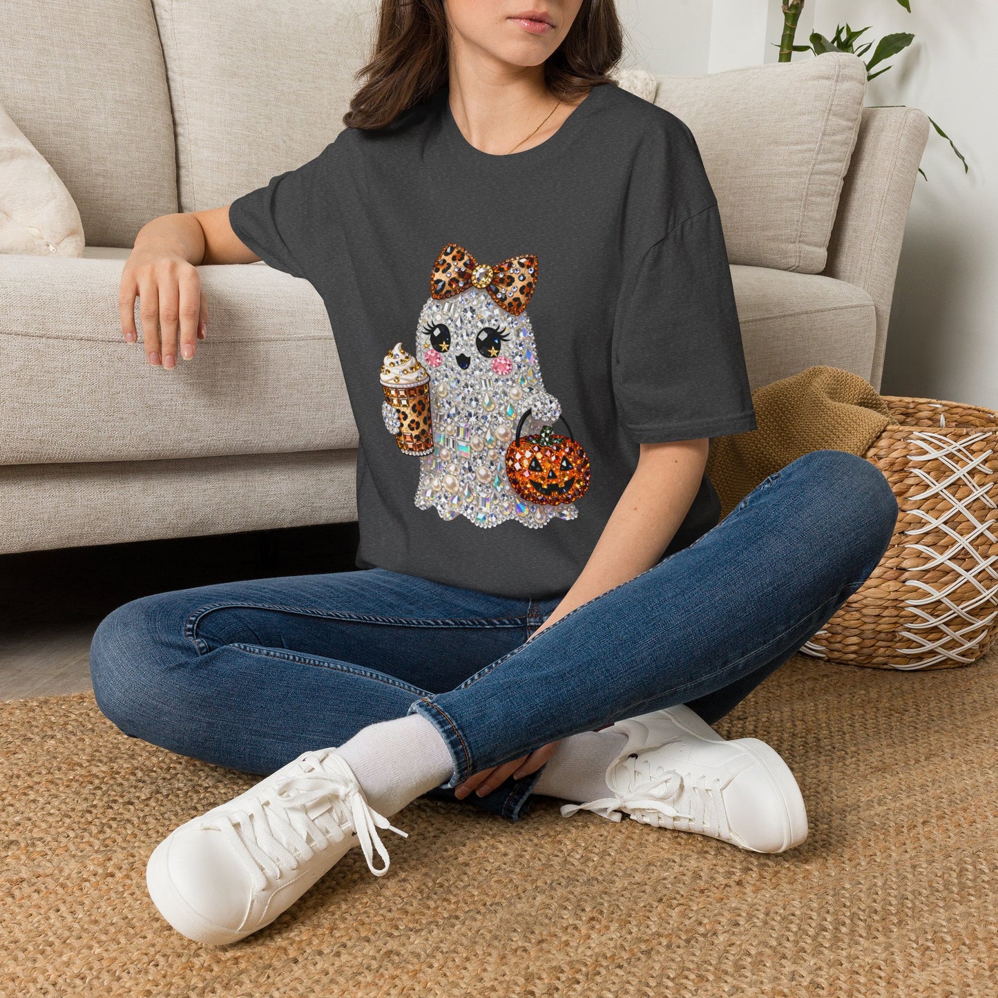 Cute Glitter Ghost T‑Shirt — Halloween Trick‑Or‑Treat Graphic Tee (Leopard Bow & Pumpkin)
