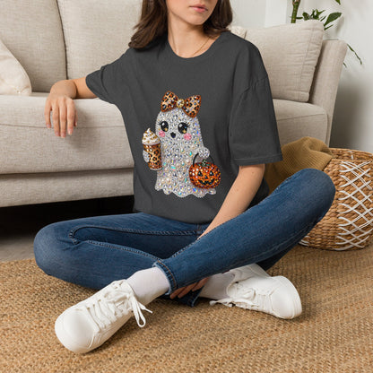 Cute Glitter Ghost T‑Shirt — Halloween Trick‑Or‑Treat Graphic Tee (Leopard Bow & Pumpkin)
