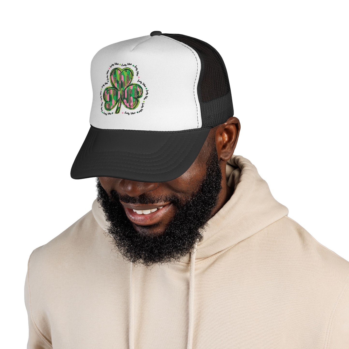 St. Patrick's Shamrock Trucker Cap — Green Watercolor Clover Mesh Hat