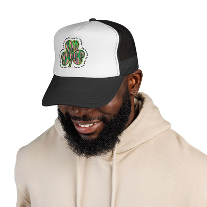 St. Patrick's Shamrock Trucker Cap — Green Watercolor Clover Mesh Hat