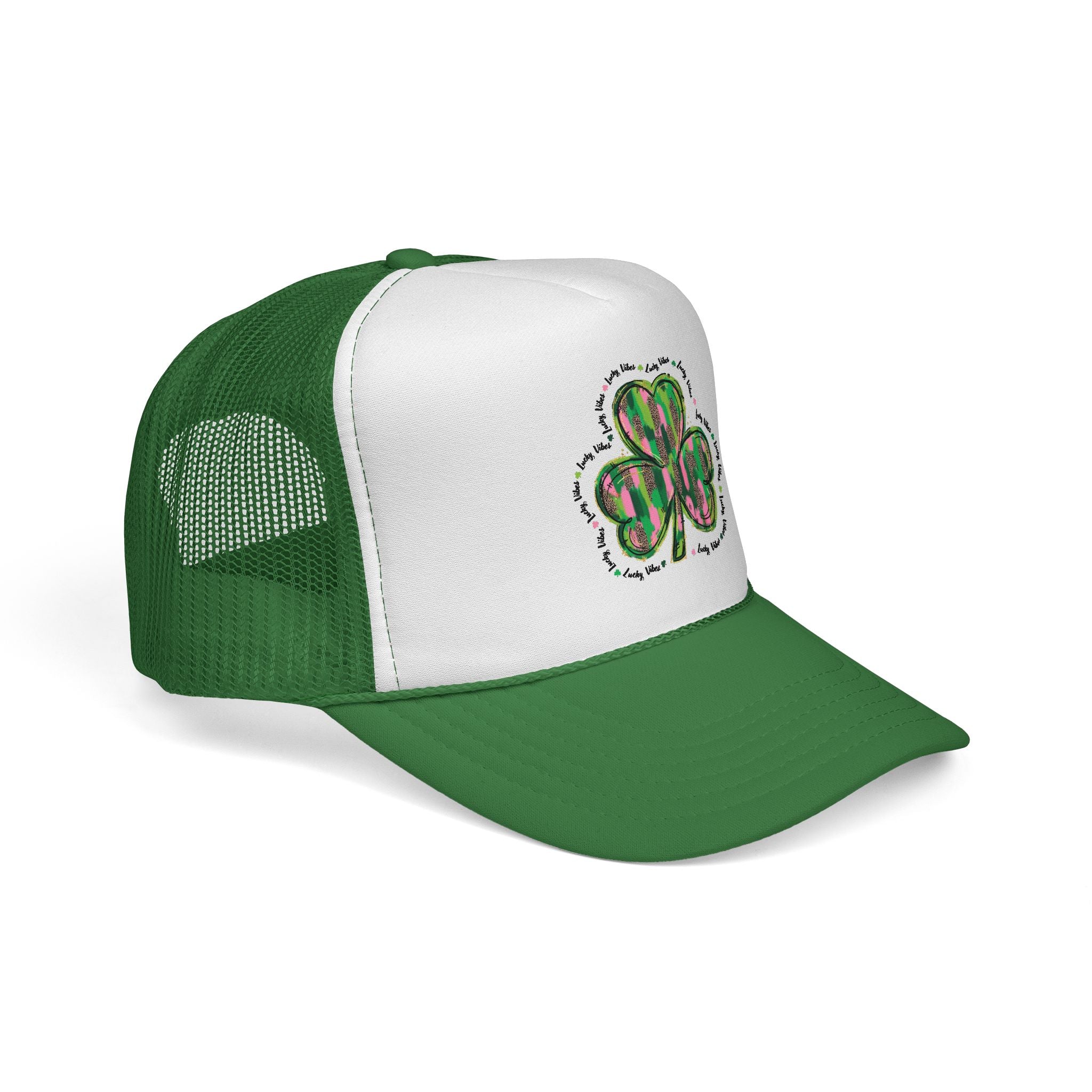 St. Patrick's Shamrock Trucker Cap — Green Watercolor Clover Mesh Hat