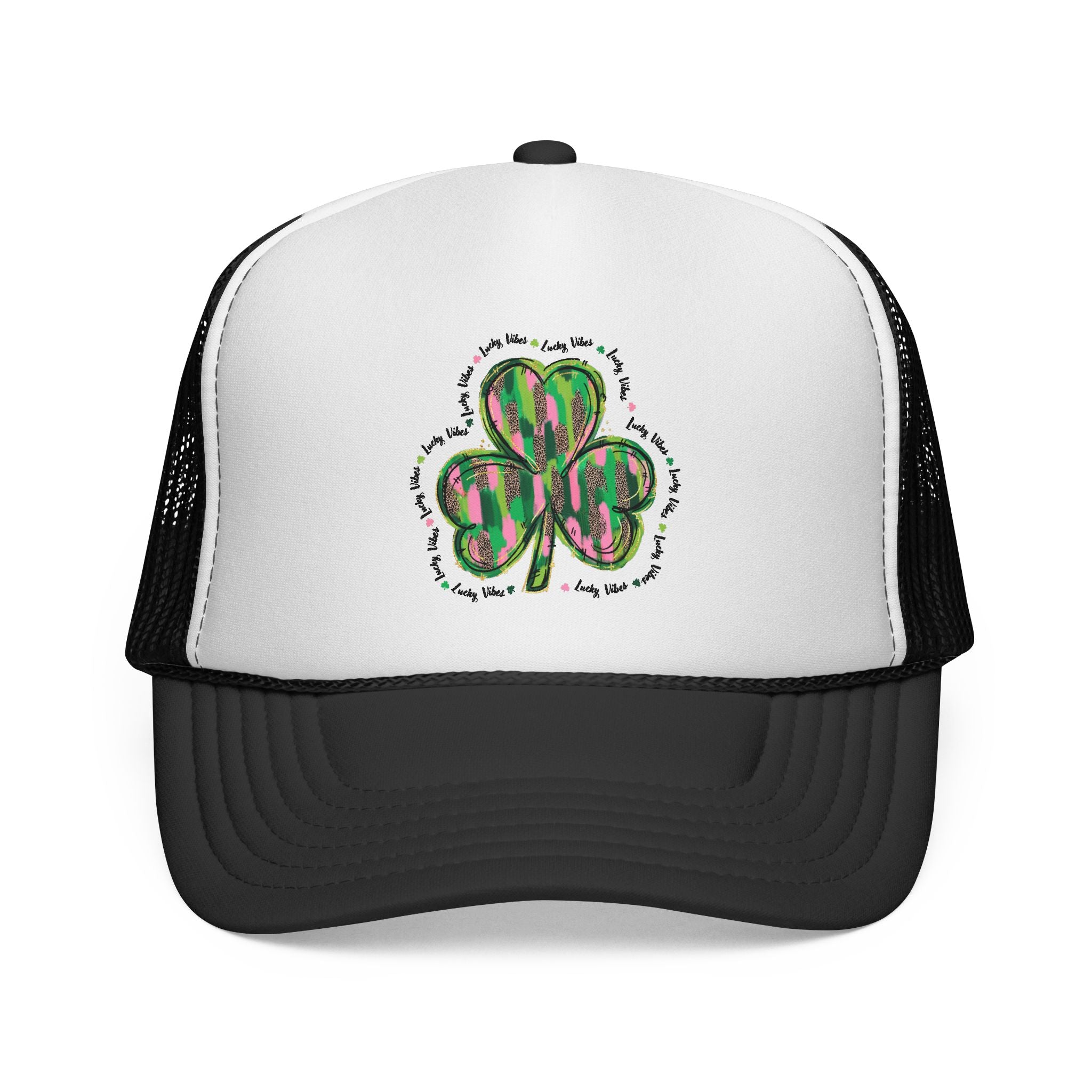 St. Patrick's Shamrock Trucker Cap — Green Watercolor Clover Mesh Hat