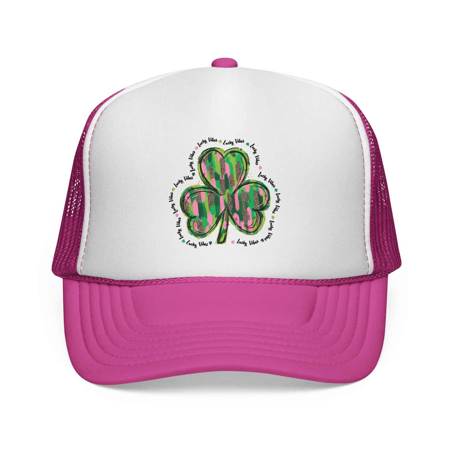 St. Patrick's Shamrock Trucker Cap — Green Watercolor Clover Mesh Hat