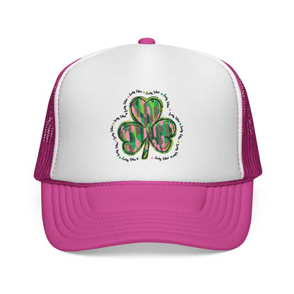 St. Patrick's Shamrock Trucker Cap — Green Watercolor Clover Mesh Hat