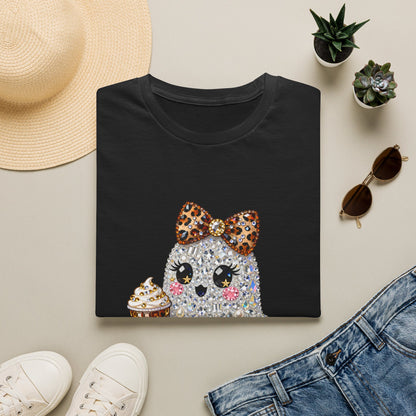 Cute Glitter Ghost T‑Shirt — Halloween Trick‑Or‑Treat Graphic Tee (Leopard Bow & Pumpkin)