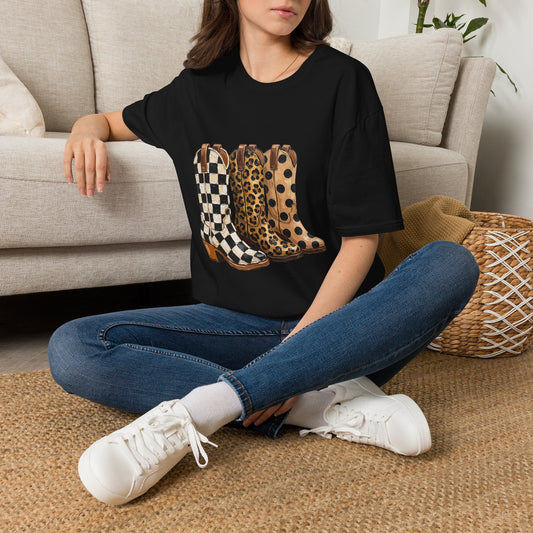 Cowgirl Boots Graphic T‑Shirt — Checker, Leopard & Polka Dot Western Boot Trio