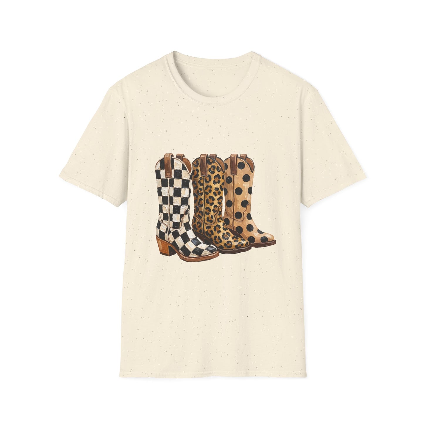 Cowgirl Boots Graphic T‑Shirt — Checker, Leopard & Polka Dot Western Boot Trio