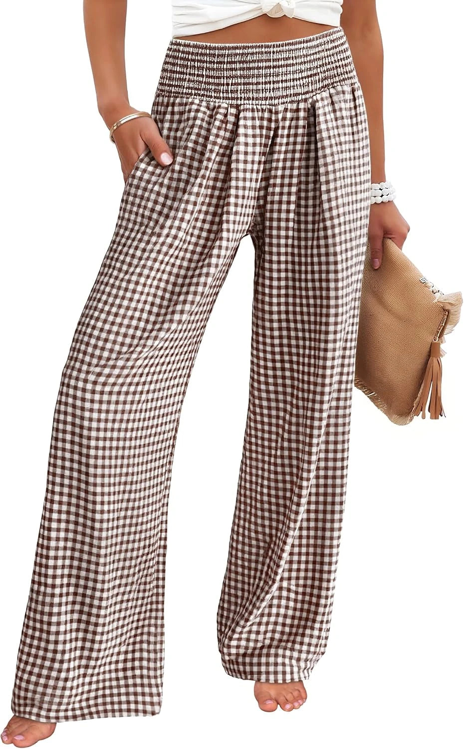 Womens Striped Gingham Palazzo Pants