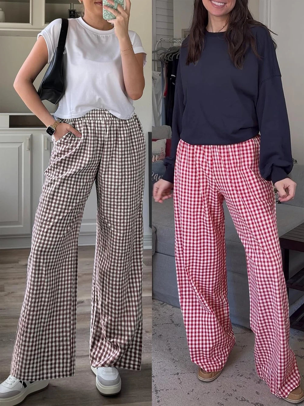 Womens Striped Gingham Palazzo Pants