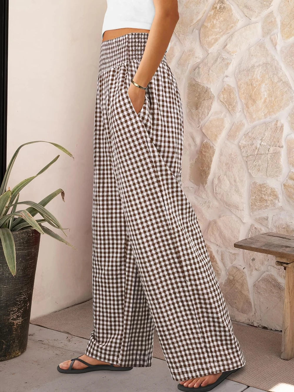 Womens Striped Gingham Palazzo Pants
