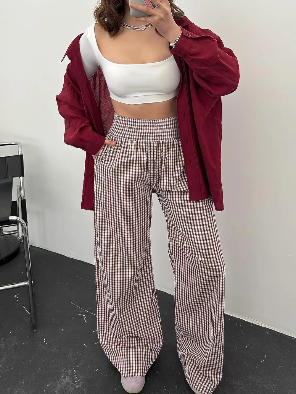 Womens Striped Gingham Palazzo Pants