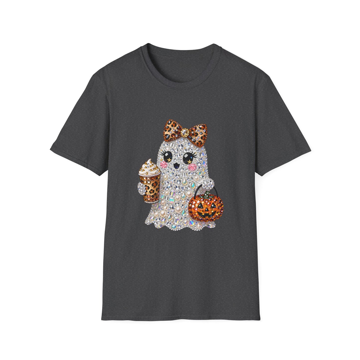 Cute Glitter Ghost T‑Shirt — Halloween Trick‑Or‑Treat Graphic Tee (Leopard Bow & Pumpkin)