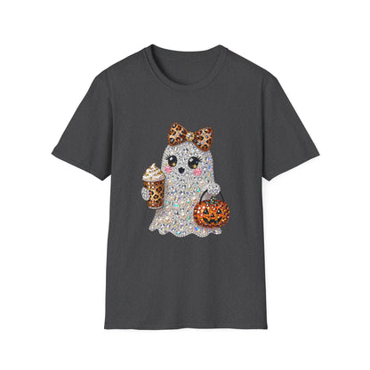 Cute Glitter Ghost T‑Shirt — Halloween Trick‑Or‑Treat Graphic Tee (Leopard Bow & Pumpkin)