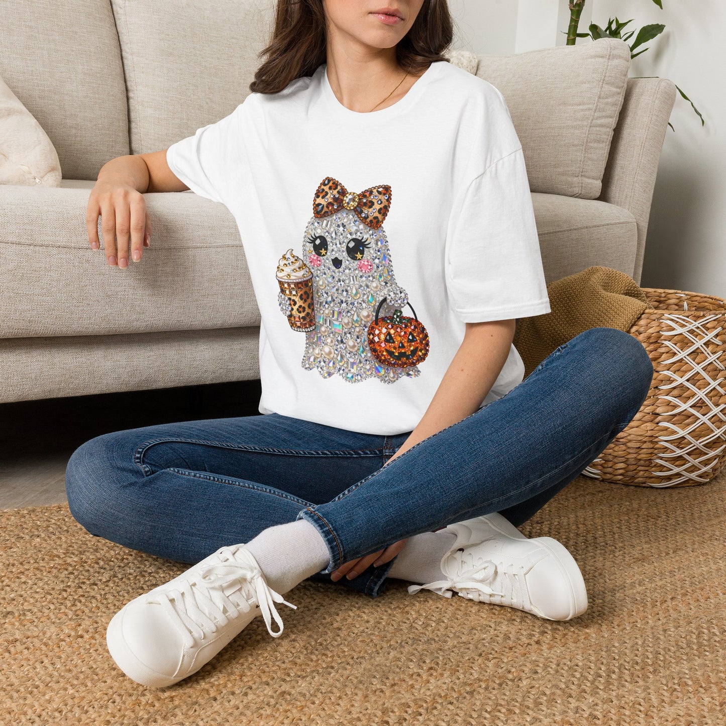 Cute Glitter Ghost T‑Shirt — Halloween Trick‑Or‑Treat Graphic Tee (Leopard Bow & Pumpkin)