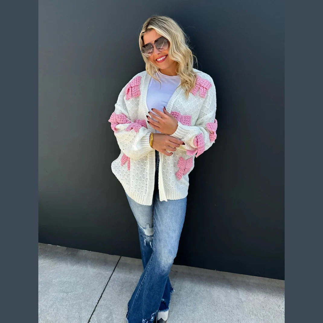 Bow Knit Cardigan - Ivory with Pink Ribbons