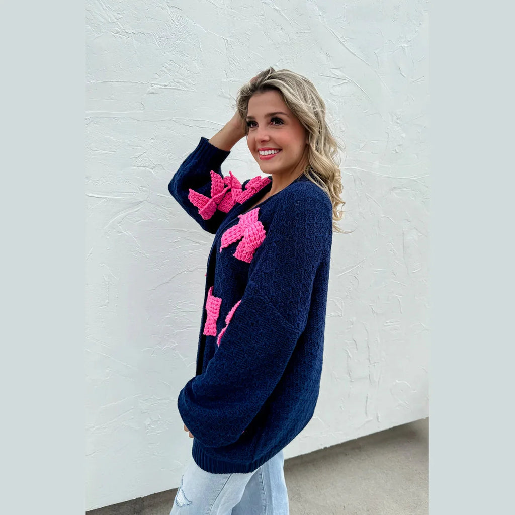 Bow Knit Cardigan - Blue with Pink Ribbons