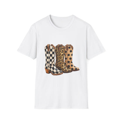 Cowgirl Boots Graphic T‑Shirt — Checker, Leopard & Polka Dot Western Boot Trio