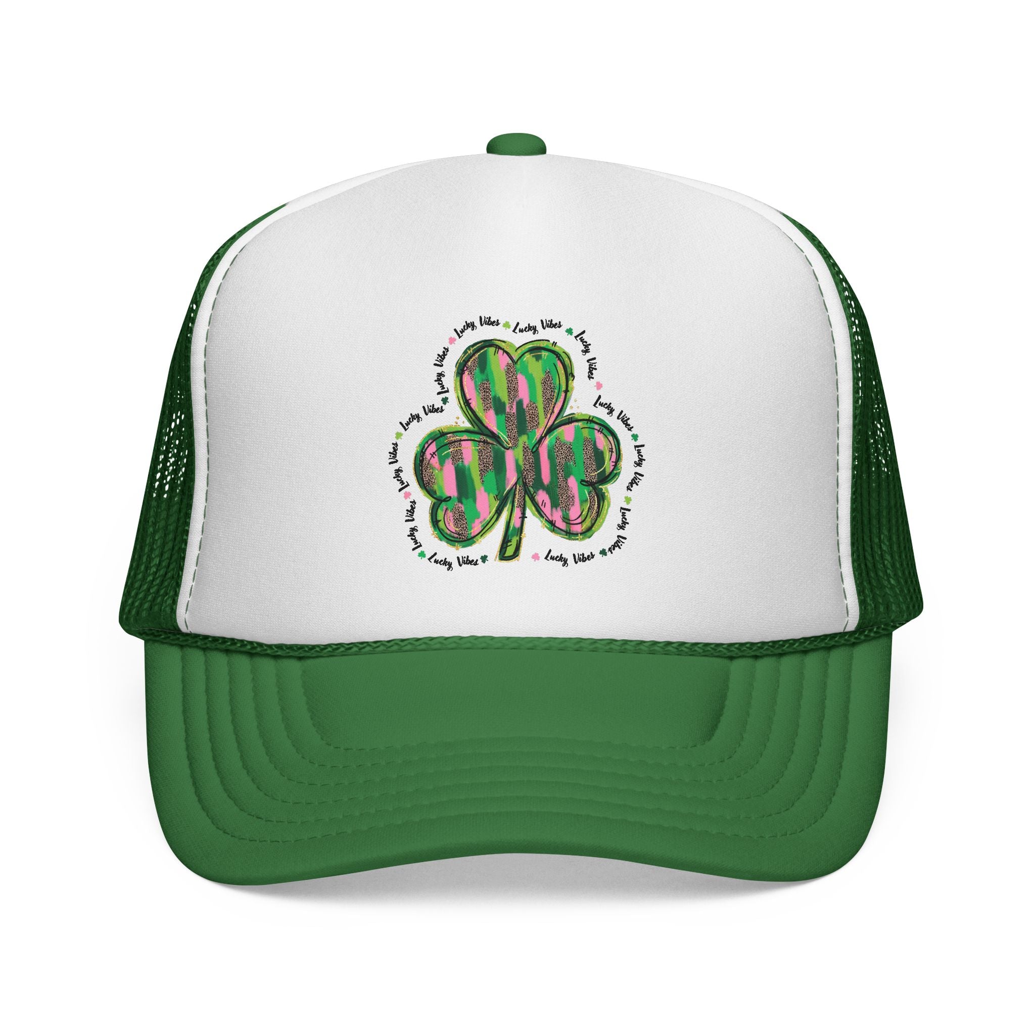 St. Patrick's Shamrock Trucker Cap — Green Watercolor Clover Mesh Hat
