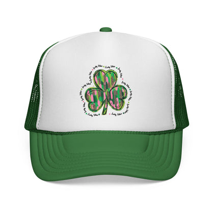St. Patrick's Shamrock Trucker Cap — Green Watercolor Clover Mesh Hat