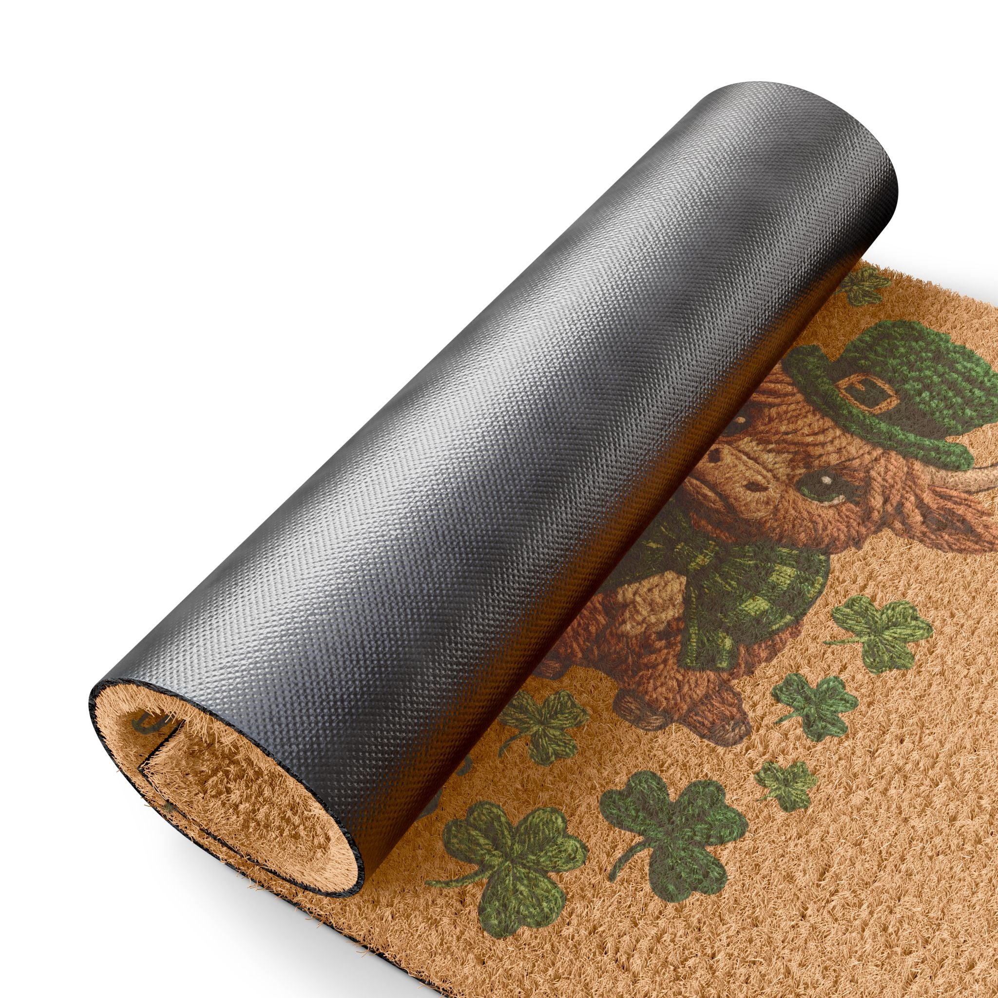 Happy St. Patrick’s Day Doormat — Cute Highland Cow Trio with Shamrocks