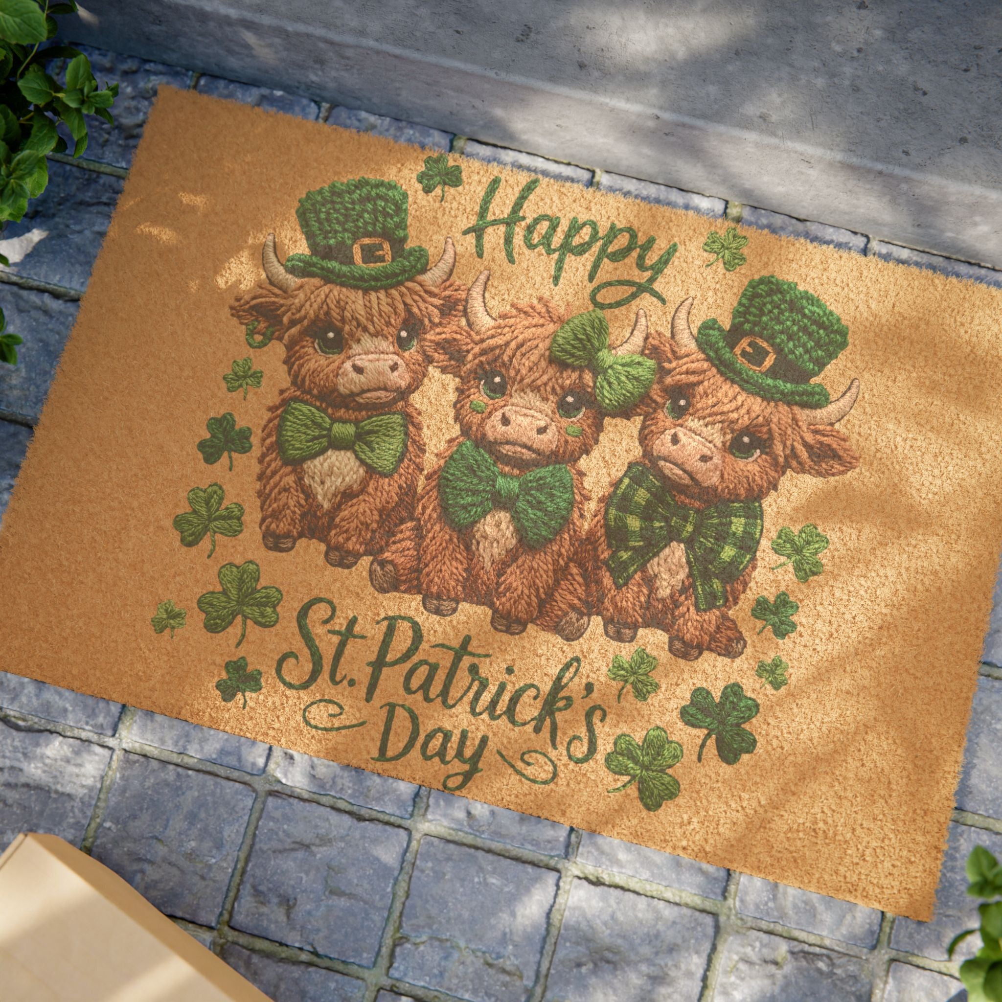 Happy St. Patrick’s Day Doormat — Cute Highland Cow Trio with Shamrocks