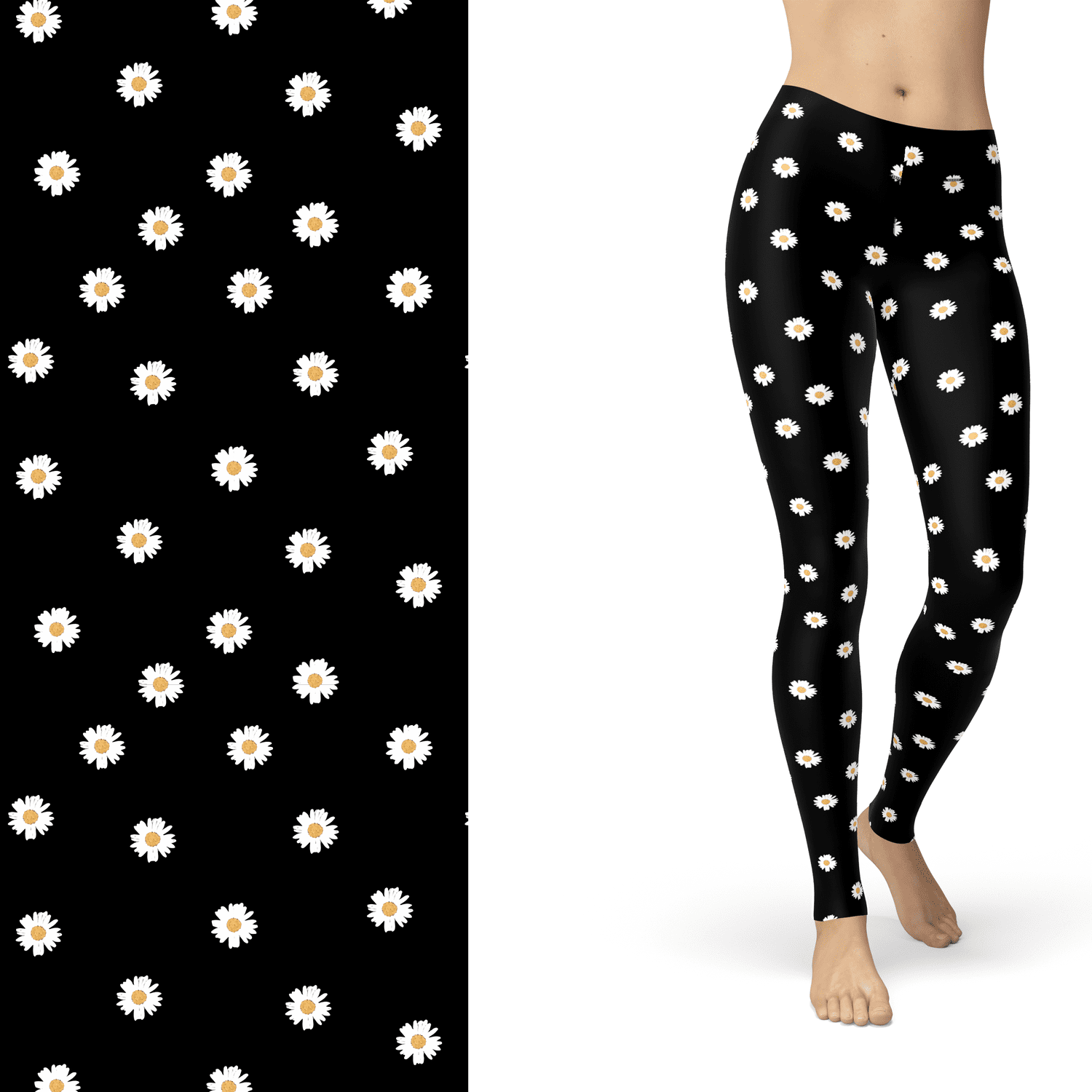 Daisy Flower  Leggings Black and White with Left Side Pocket Active