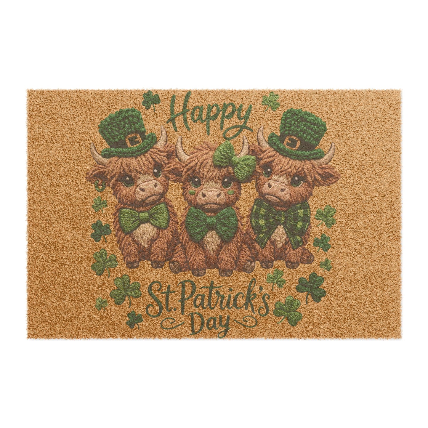 Happy St. Patrick’s Day Doormat — Cute Highland Cow Trio with Shamrocks