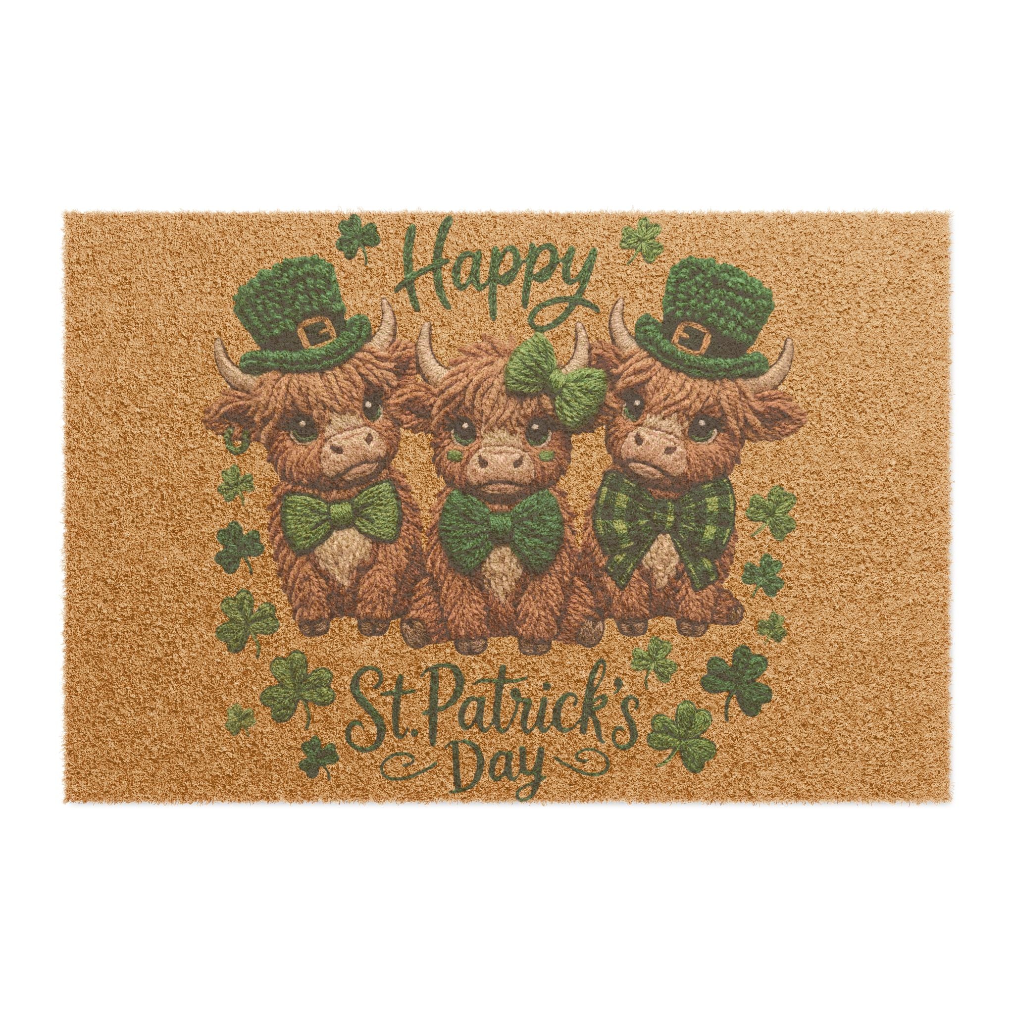 Happy St. Patrick’s Day Doormat — Cute Highland Cow Trio with Shamrocks