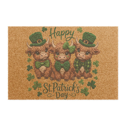 Happy St. Patrick’s Day Doormat — Cute Highland Cow Trio with Shamrocks
