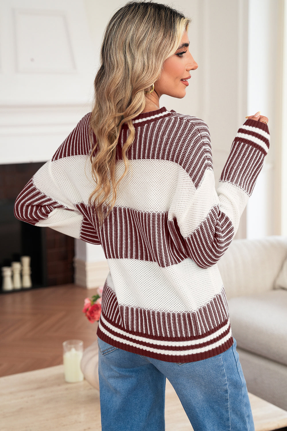 Brown Two Tone Striped Patchwork Drop Shoulder Sweater