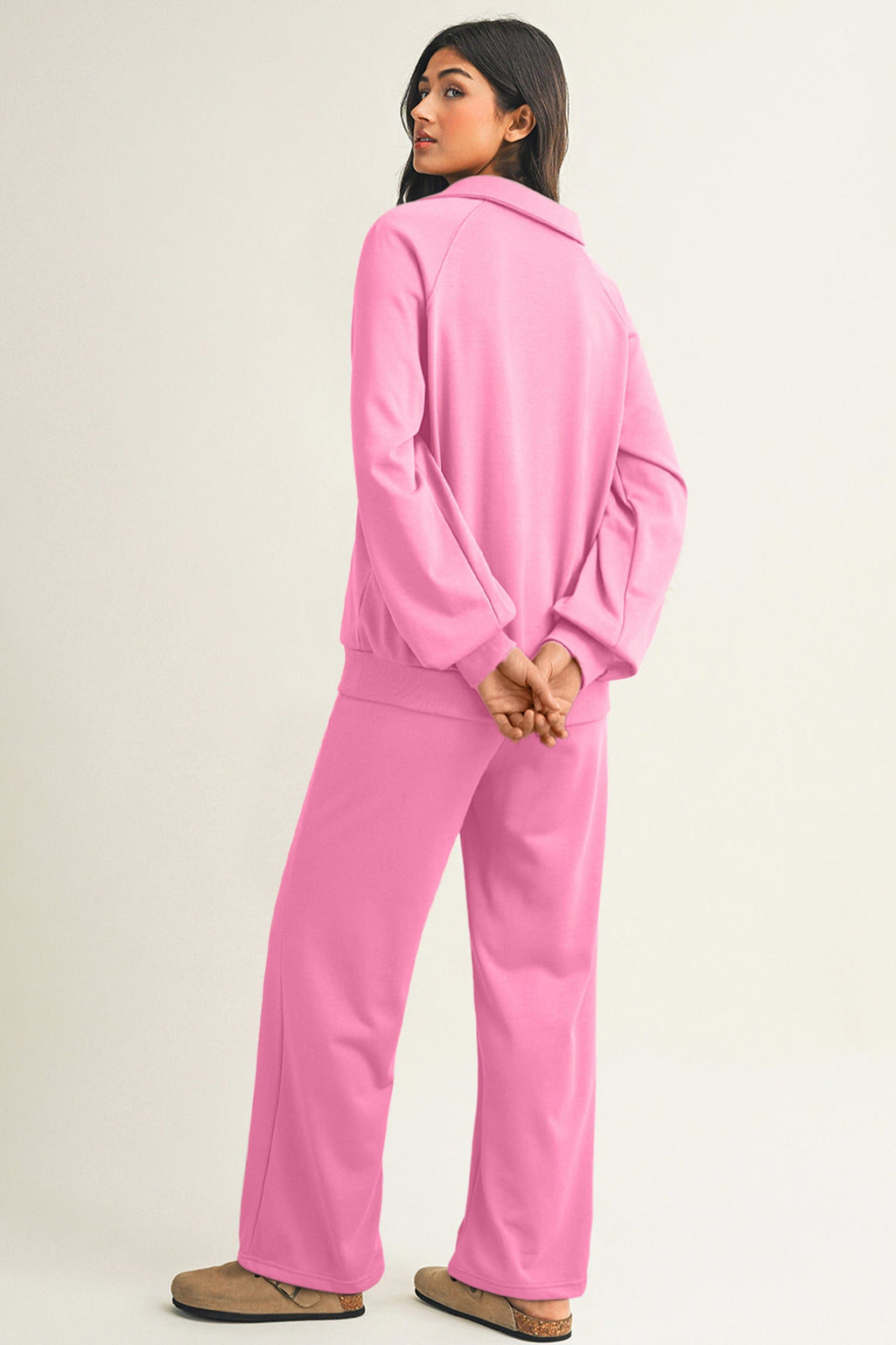 Dark Khaki Polo Collar V Neck Pullover and Drawstring Sweatpants Set