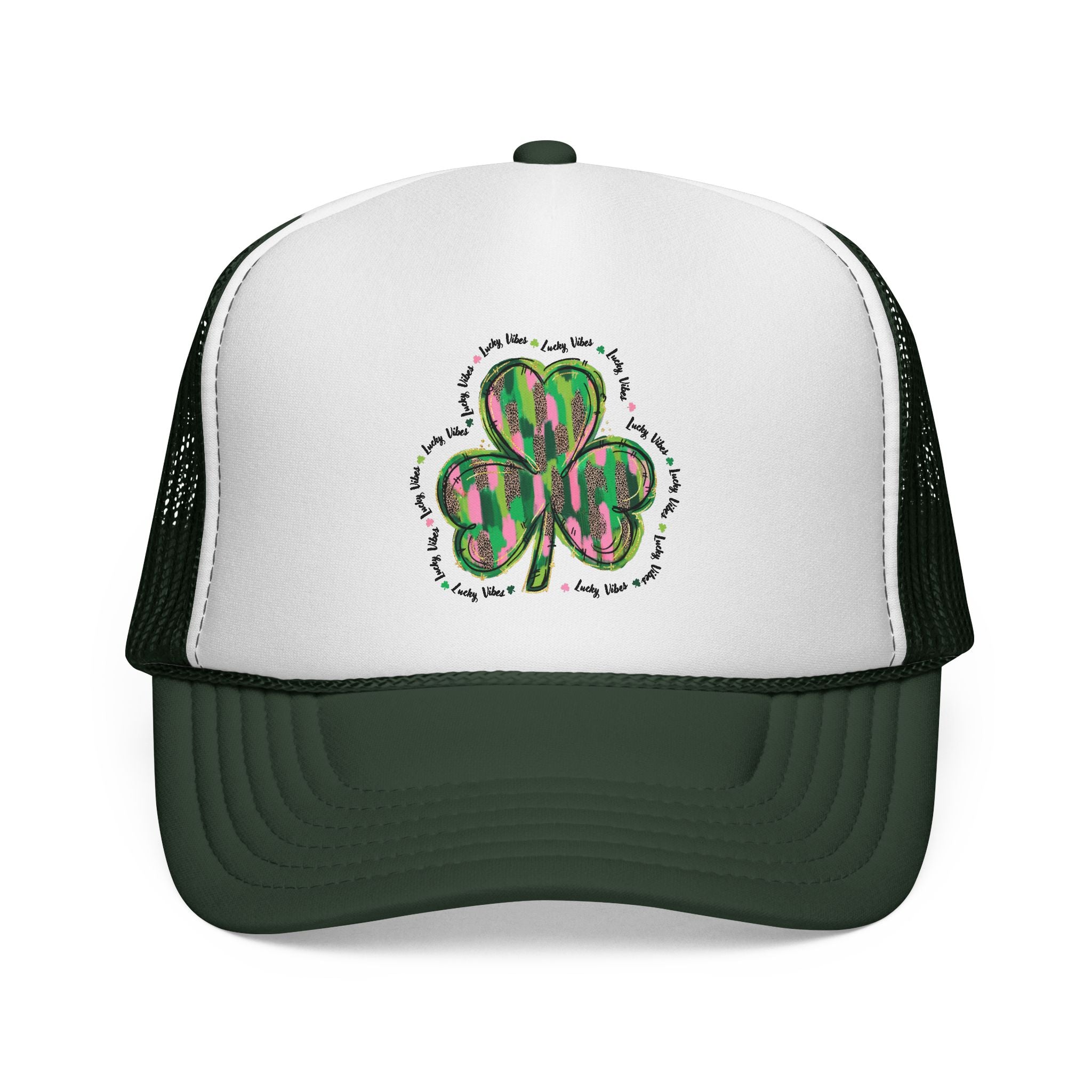St. Patrick's Shamrock Trucker Cap — Green Watercolor Clover Mesh Hat