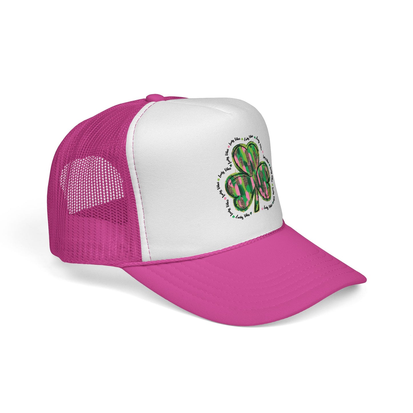 St. Patrick's Shamrock Trucker Cap — Green Watercolor Clover Mesh Hat
