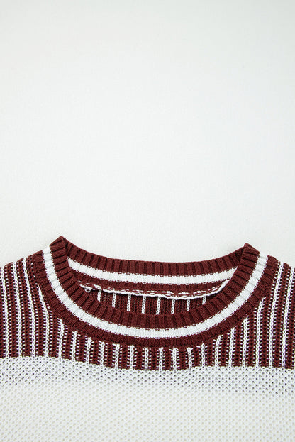 Brown Two Tone Striped Patchwork Drop Shoulder Sweater
