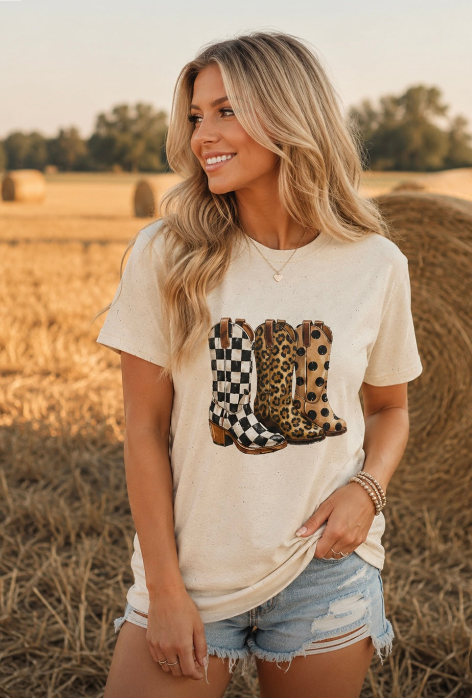 Cowgirl Boots Graphic T‑Shirt — Checker, Leopard & Polka Dot Western Boot Trio