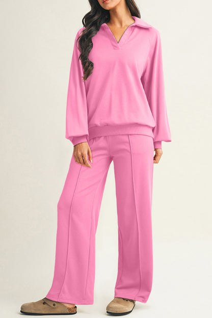 Dark Khaki Polo Collar V Neck Pullover and Drawstring Sweatpants Set