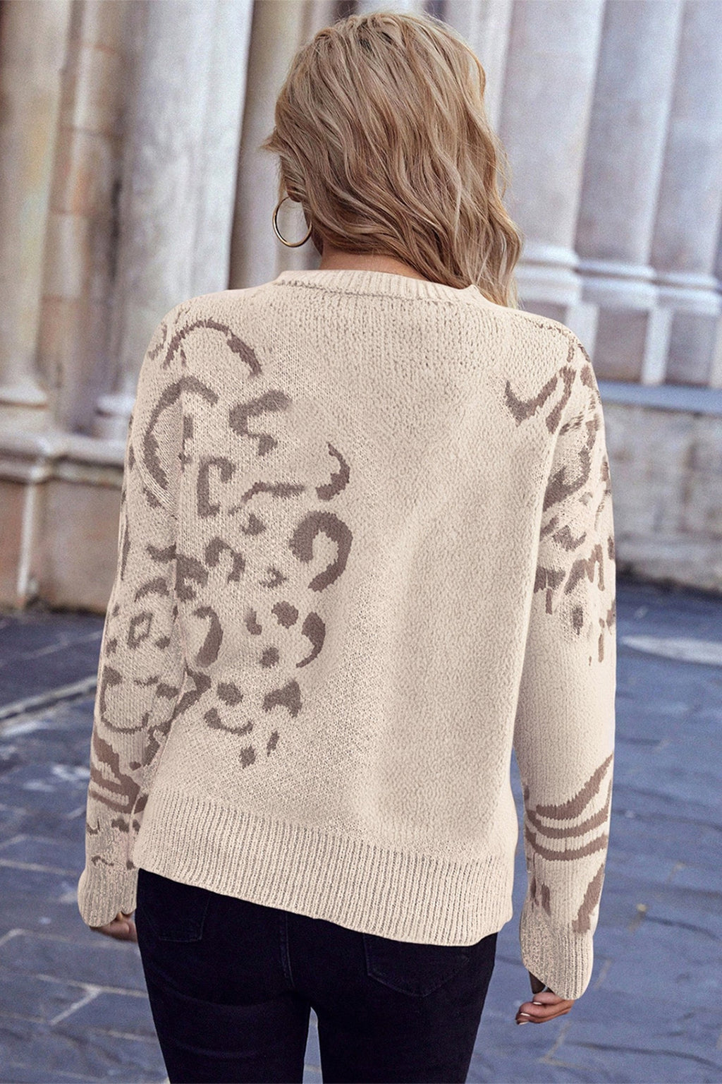 Camel Asymmetric Leopard Print Detail Drop Shoulder Sweater
