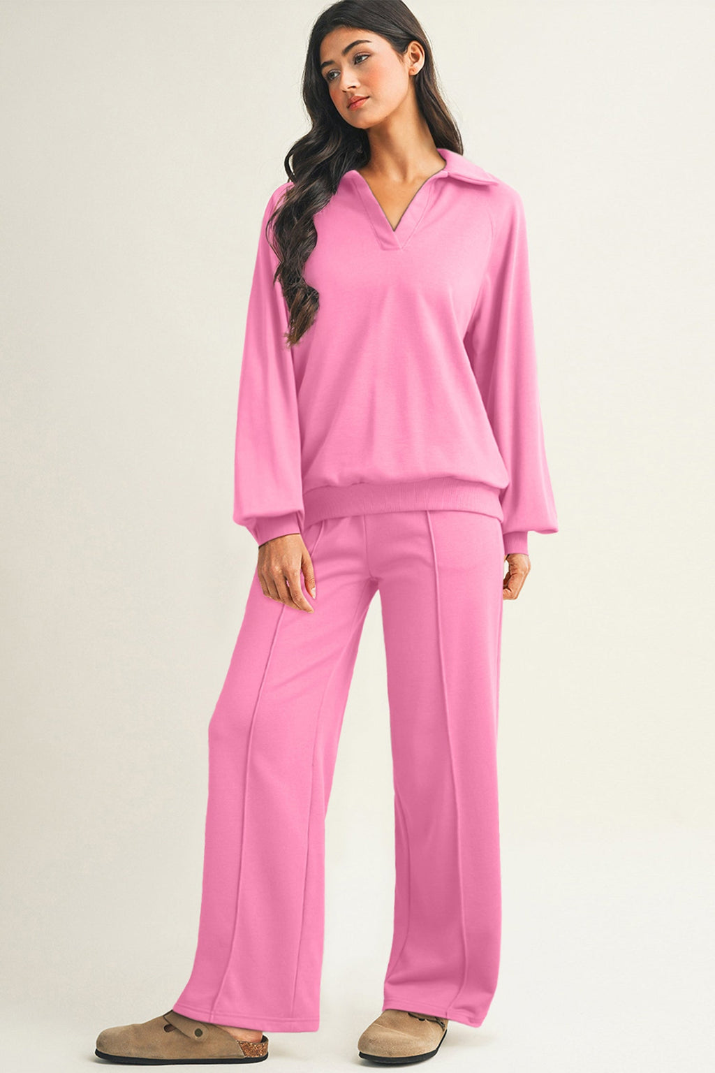 Dark Khaki Polo Collar V Neck Pullover and Drawstring Sweatpants Set