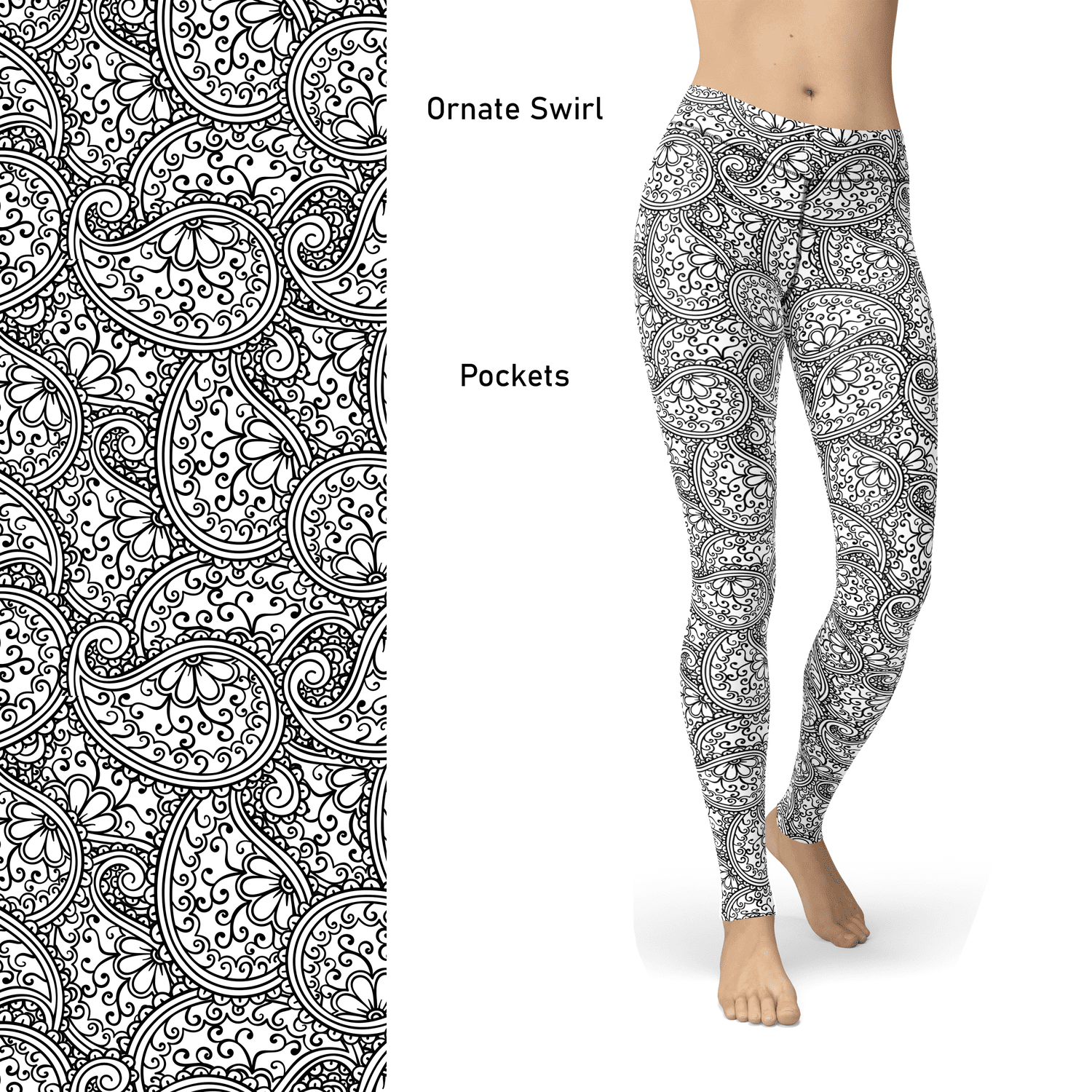 Black White Ornate Paisley Color Book  Leggings
